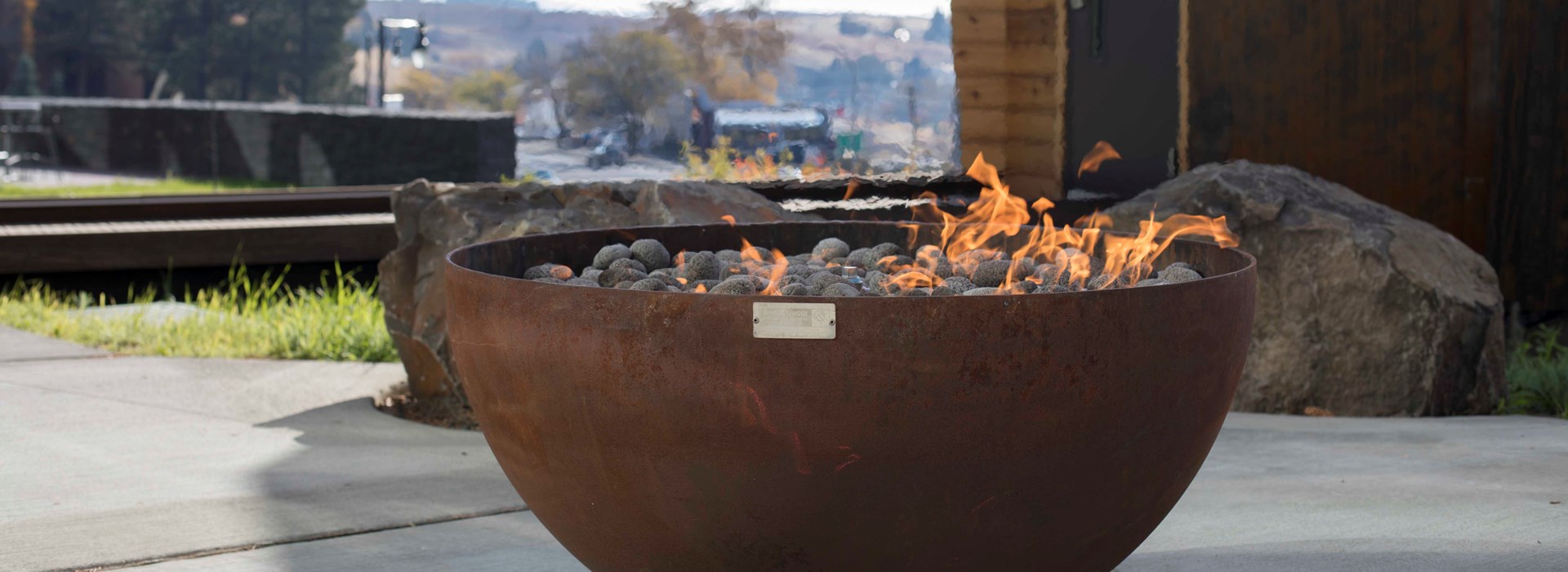 Fire burning in the round fire pit.