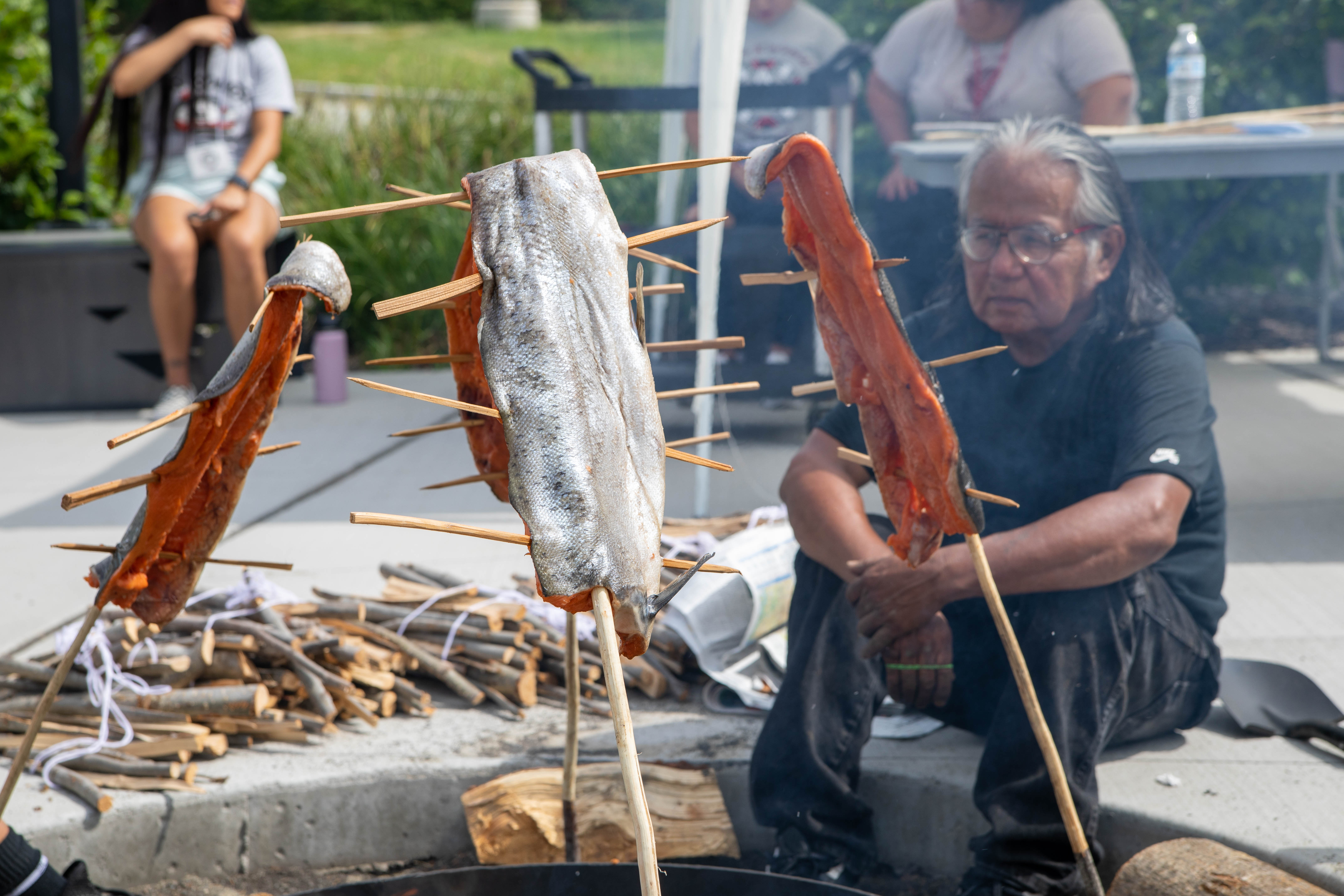 Person sitting fireside, as salmon is smoked.